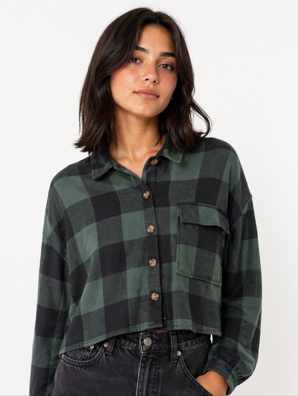 Tattoo Green & Black Buffalo Plaid Cropped Button-Down Shirt | Boxy Fit Small